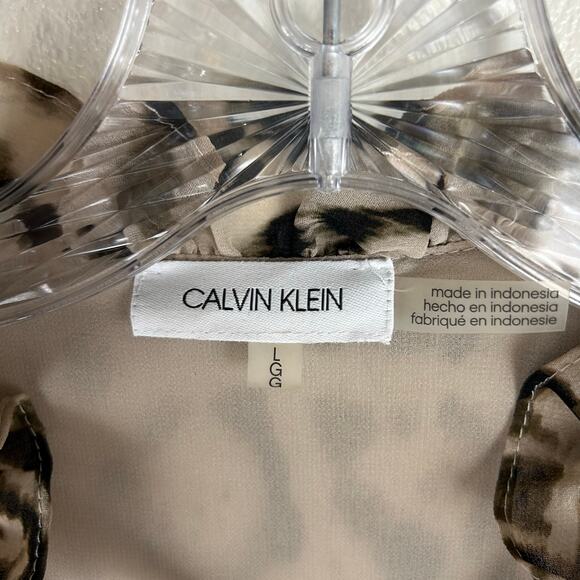 Calvin Klein Animal Print Chiffon Long Sleeve Shirt Size Large Ruffle Tie Neck - Picture 3 of 9